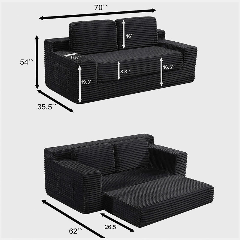 Canapé-lit convertible 2-en-1 noir en velours côtelé noir: conception désossée confortable pour les salons, les appartements et les petits espaces