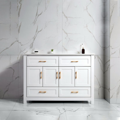 Ensemble d'armoire de salle de bain 48 po avec lavabo en céramique, 4 portes à fermeture lente et 4 tiroirs, blanc