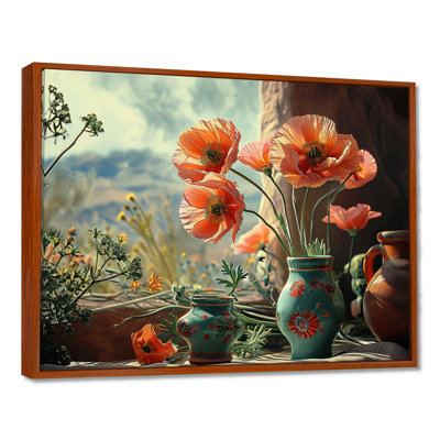 Coquelicots rouges dans un vase turquoise mexicain - Bouquets assortis