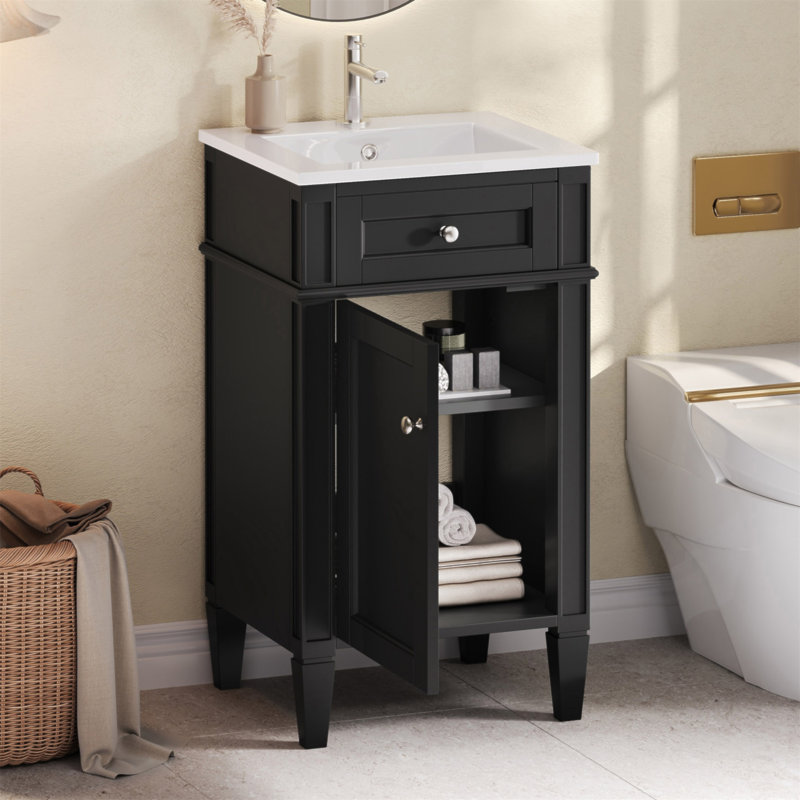 Ensemble de meuble-lavabo autoportant de 18 po avec lavabo en céramique, ensemble de meuble-lavabo simple autoportant avec porte à fermeture douce, tablette réglable, style français, pieds pleins