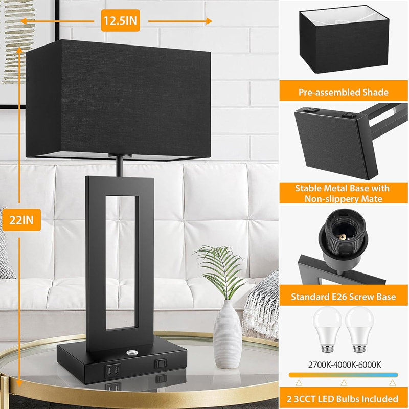 Ensemble de 2 lampes de table modernes à contrôle tactile avec gradation continue, 3 températures de couleur, 2 ports USB et prise de courant CA pour la table de chevet ou le salon