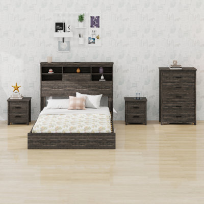Base de lit plateforme avec tête de lit, ports de chargement USB, 1 commode avec 5 tiroirs et 2 tables de chevet