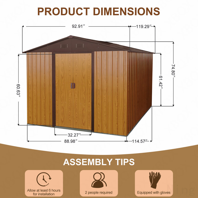 Remise de rangement extérieure en métal 8 pi x 10 pi avec base en métal, café, Brun