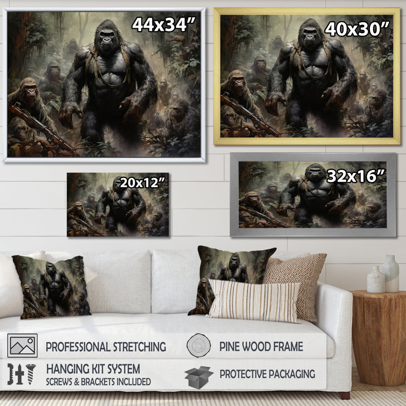 " Gorilla Soldier Jungle Journey ", 12" H x 20" W x 1" D, Black Single Picture Framed