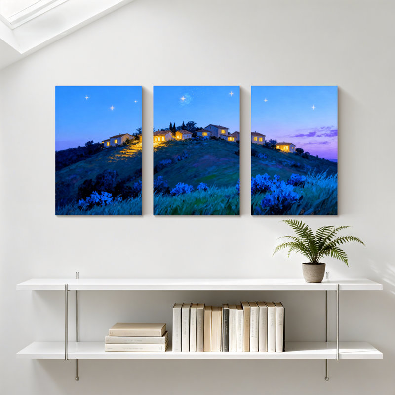 Abstrait Hillside Homes Under Starry Sky Night Lights, ensemble de 3 impressions murales sur toile, H 24 po x l 48 po