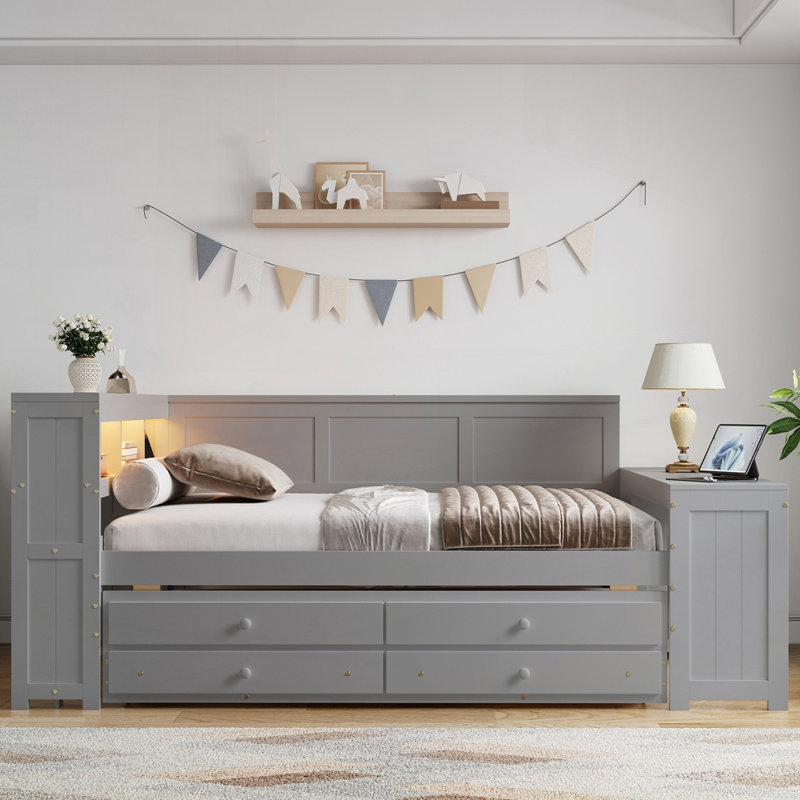 Lit de jour avec tablettes de rangement et lumière DEL, Gris