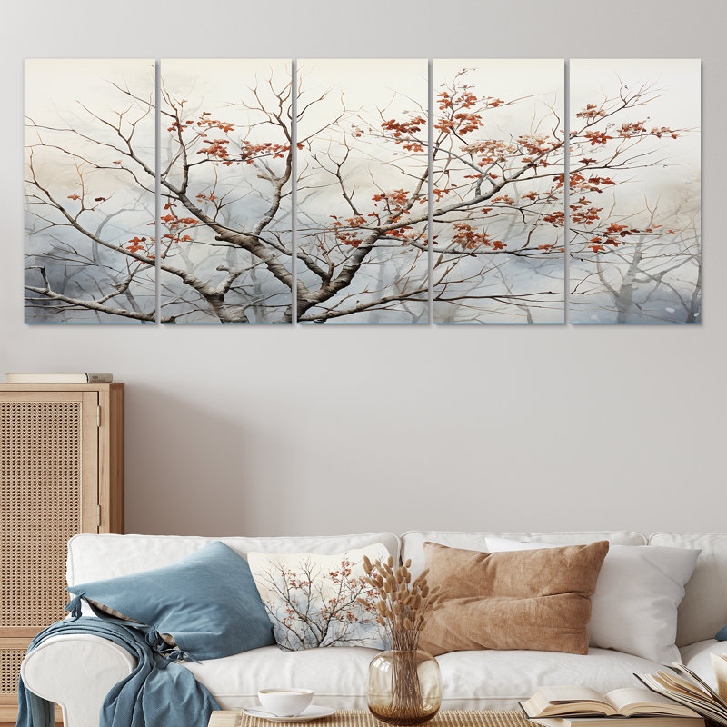 Arbre floral brun, Sprintime, oiseaux, art mural 5 pièces pour salon, H 28 po x l 60 po