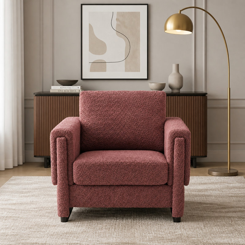Fauteuil d'appoint rembourré avec accoudoirs en bois massif, fauteuil club carré en tissu avec coussin épais Boucle, fauteuil d'appoint moderne