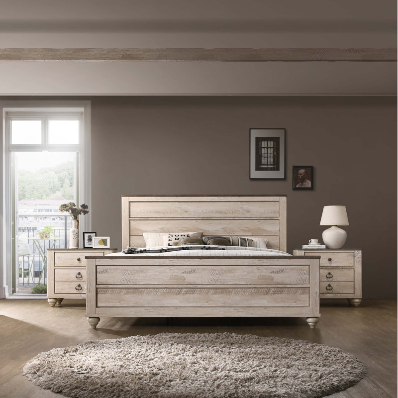 Ensemble de chambre à coucher 3 pièces avec très grand lit et deux tables de chevet au fini blanc délavé Imerland