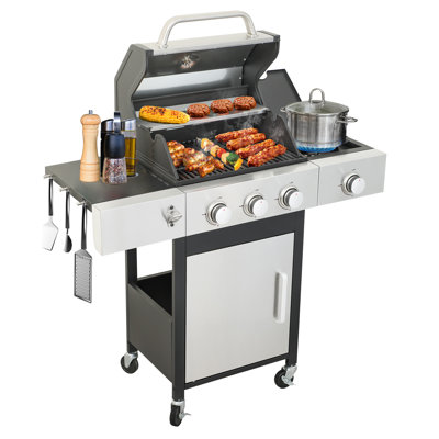 3-Burner Propane Gas BBQ Grill With Side Burner | 37,230 BTU | Enameled Cast Iron Cooking Grids & Stainless Steel Design