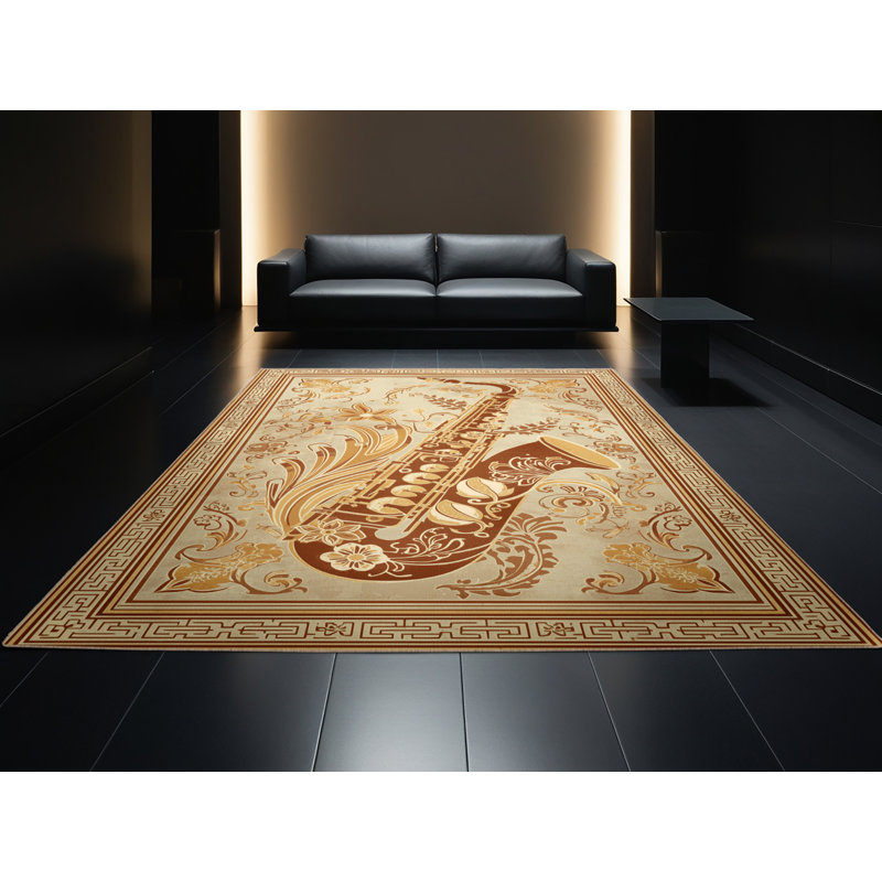Tapis oriental brun et beige à motif de saxophone Oweda lavable à la machine, 8x12