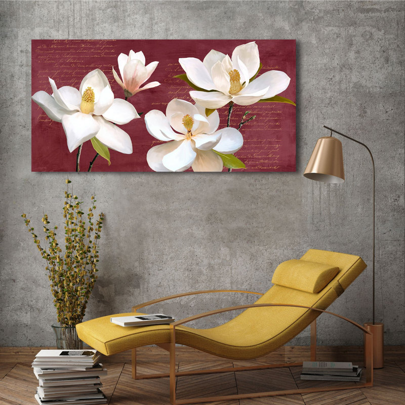 Shabby Elegance Style: Burgundy Magnolia by Luca Villa - Wrapped Canvas Painting, 50cm H x 100cm W x 4cm D