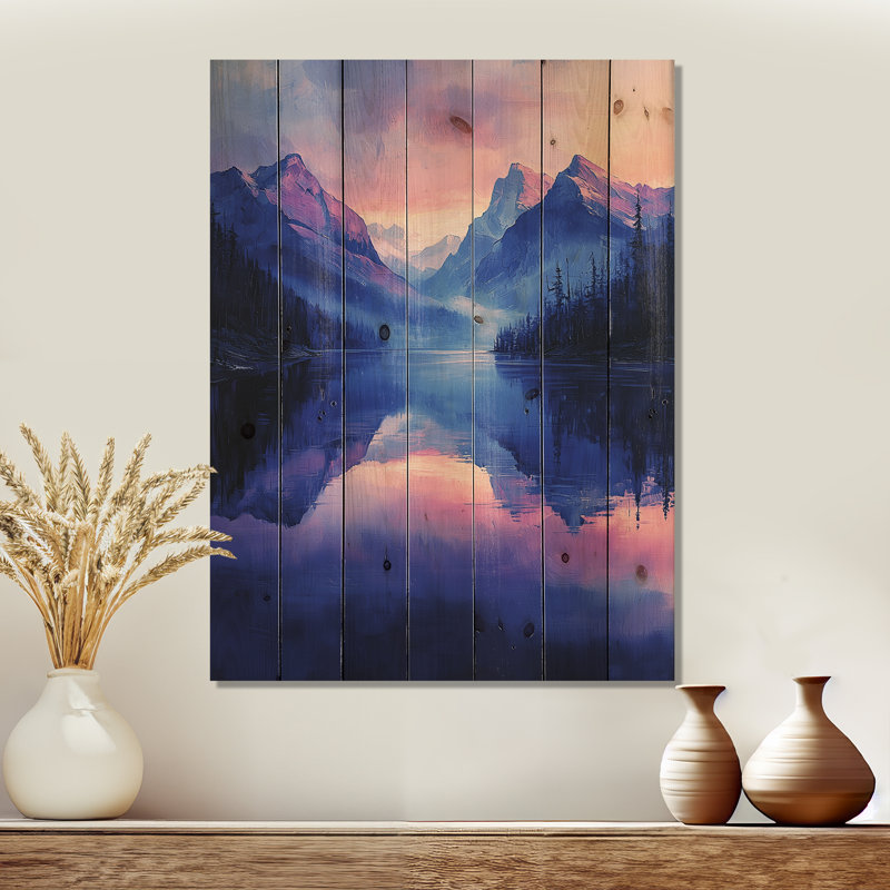 Mountain Reflections At Dusk I - Paysage de montagnes, reproduction sur bois - sur bois de pin naturel