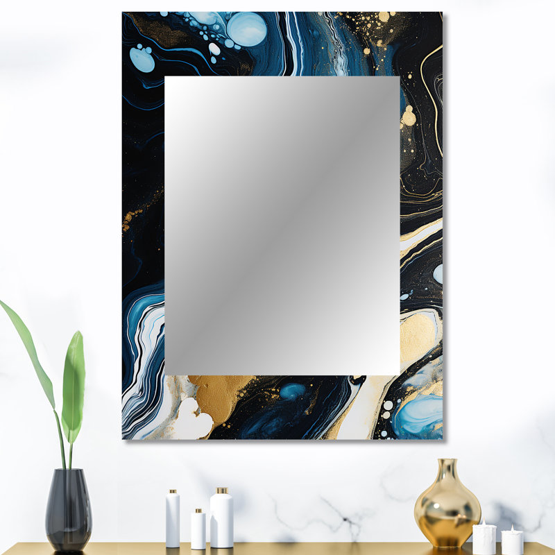 Hazella Gold and blue Abstract liquid ink serenade of swirls III - Liquid Ink Large Wall Mirror, Gold Unique Mirror, Printed Metal Art