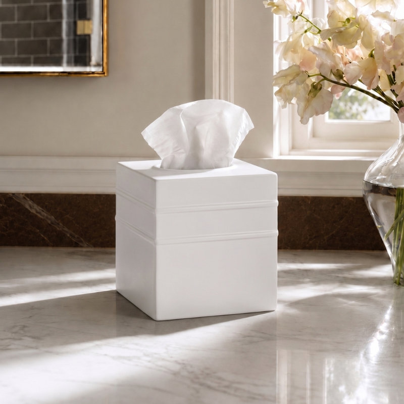 Border Embossed Metal Tissue Box Cover, White