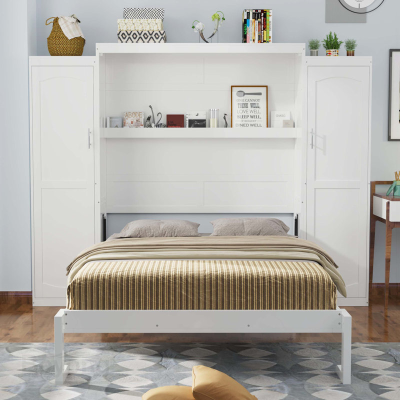 Grand lit escamotable avec 2 garde-robe et tablette de rangement, cadre de lit plateforme pliable multifonctionnel pour chambre d'amis, chambre à coucher, blanc (ancien SKU: N733S235627K)