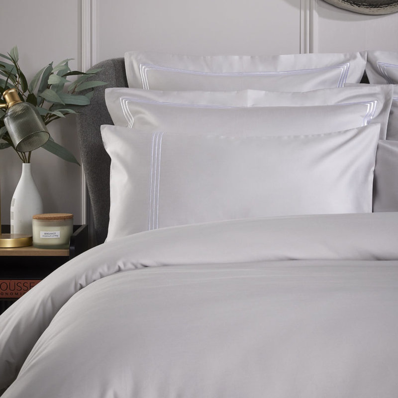 800 Thread Count Triple Row Embroidered Sateen Duvet Cover, Grey/White, Double Duvet Cover