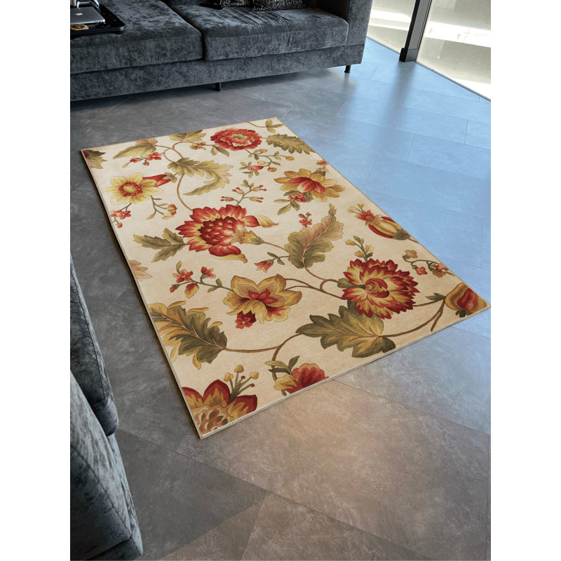 Tapis décoratif moderne beige à motif de feuilles, de fleurs et de roses, Rectangle 4 pi 7,12 po x 6 pi 6,74 po