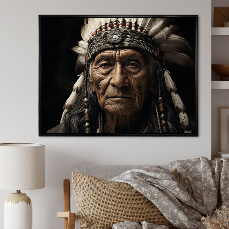 " Native Art Wisdom Of Ancestors Portrait ", H 34 po x l 44 po x P 1,5 po, Cadre flottant noir