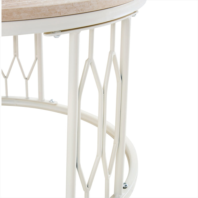 Table basse ronde avec texture effet pierre, diamètre de 27,5 pouces, finition blanche et aspect bois