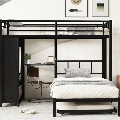 Black Metal Twin Over Bunk Bed With An Integrated Storage Closet, Pop - Out Under Trundle, Foldable Bedside Table, And Rust Finish Space Saving Long Lasting Made From A Built In Unit, Hidden Trundle