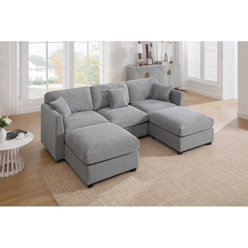 Canapé en velours côtelé avec repose-pieds réversible l 95 po Bustamante, Gris clair