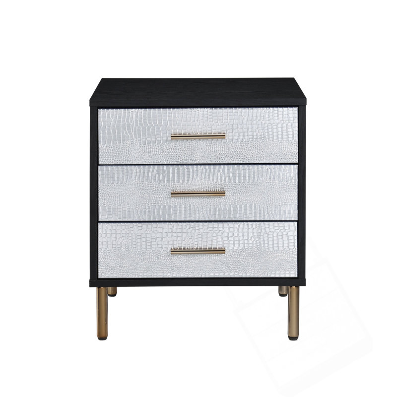 Table de chevet élégante avec 3 tiroirs spacieux, des pieds en métal durables et une façade à motif unique pour les chambres modernes