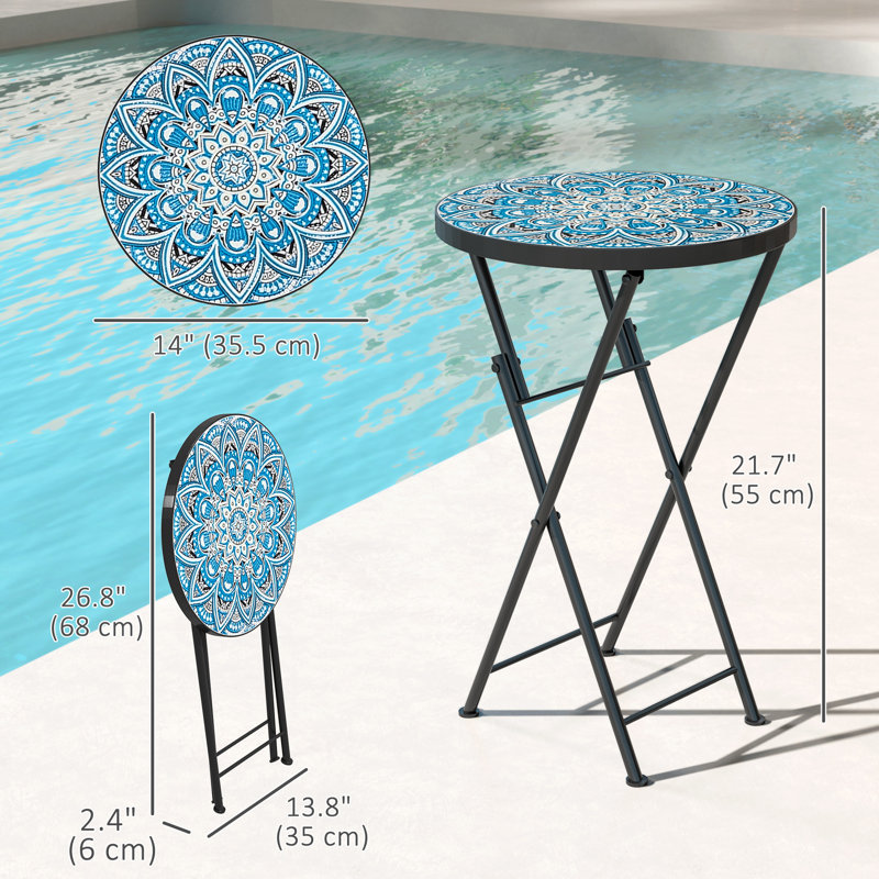 Table d'appoint de patio mosaïque, table de balcon pliante 14 po, bleu