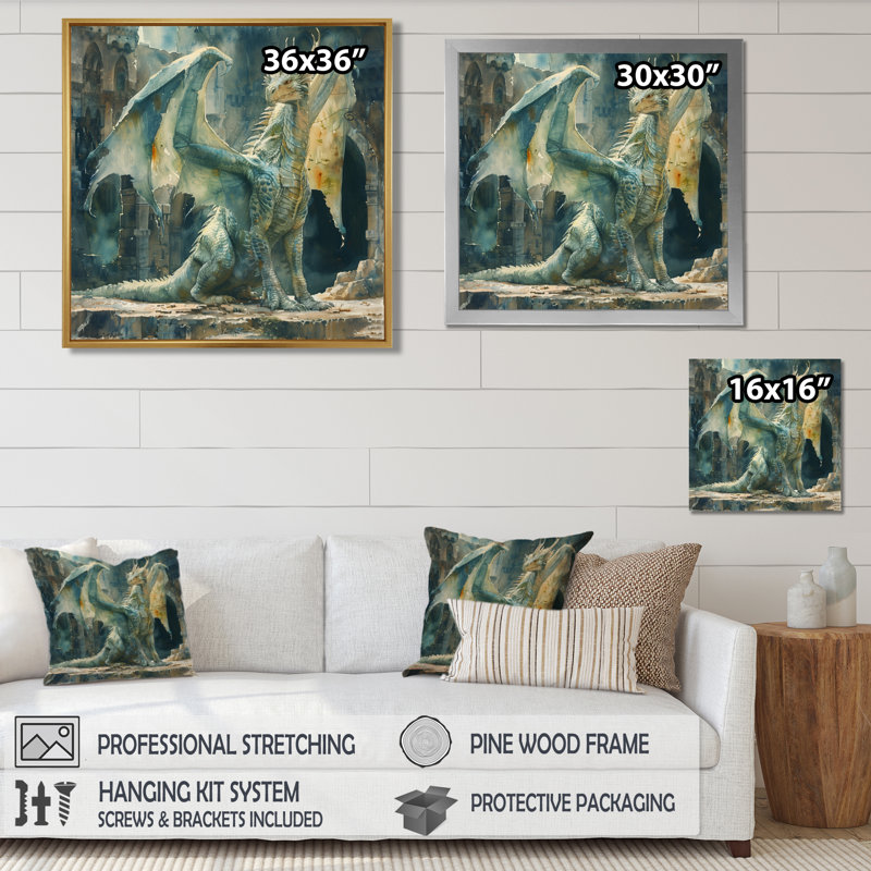 «Green Antique Ruins Dragon I - Dragons», art mural, Toile avec cadre flottant noir, H 16 po x l 16 po x P 1 po