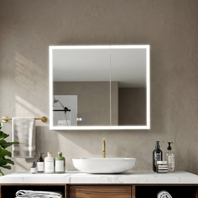 36"x30" LED Anti-Fog Aluminum Medicine Cabinet, Adjustable Glass Shelves Dual Mount Bathroom Mirror Cabinet