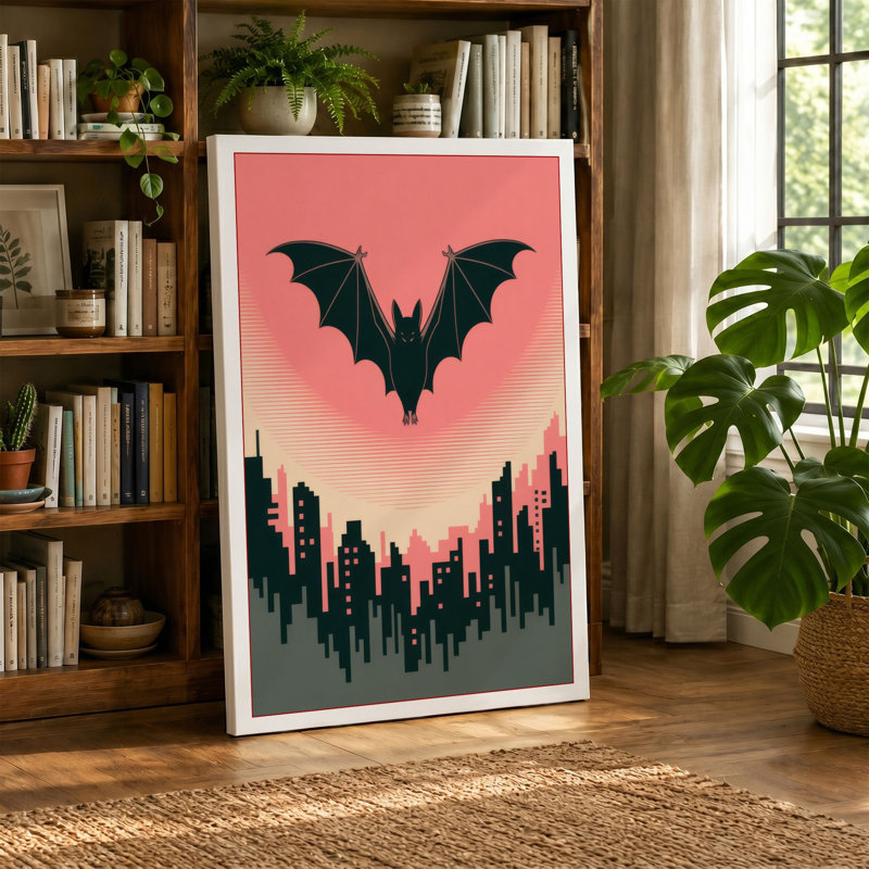 Bat Over City Heart Modern - Wrapped Canvas, 36x24 - 91.4 x 61.0 cm, Cream Border