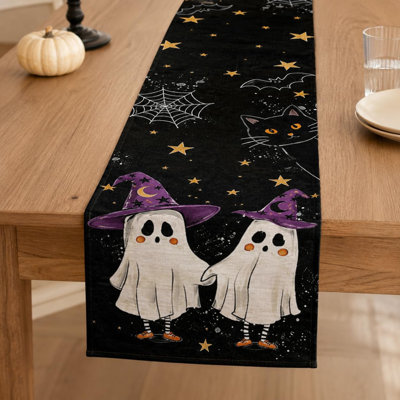 Halloween Table Runner 72 Inches, Halloween Decorations | Cute Ghosts Holding Hands with Witch Hats & Black Cats | Spooky Kitchen & Dining Table Decor | Indoor Home Party