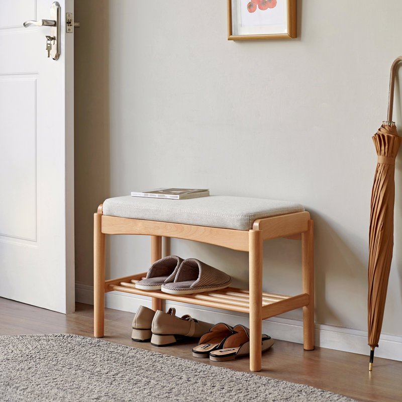 Solid Wood Shoe Bench, Mid-Century Modern Storage Bench With High Rebound Sponge Cushion, Natural/Gray