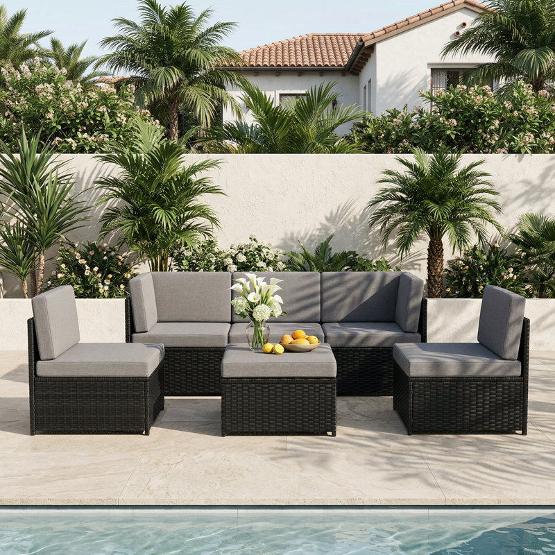 Ensemble modulaire d'extérieur en osier pour 5 personnes avec repose-pieds, Gris, Noir