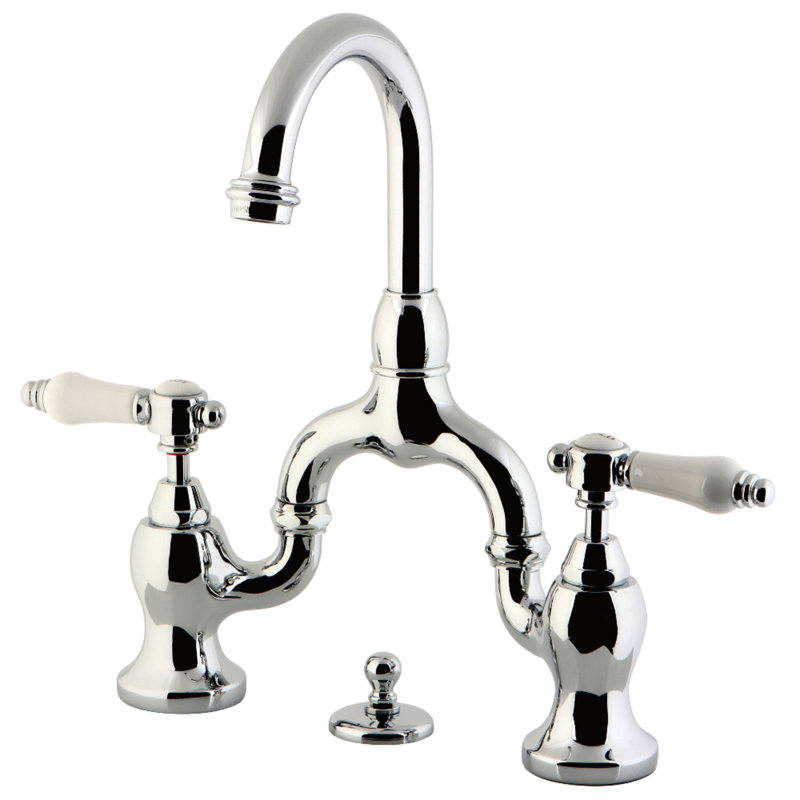 Kingston Brass Bel-Air Two-Handle 3-Hole Deck Mount Bridge Bathroom Faucet with Brass Pop-Up, Polished Chrome
