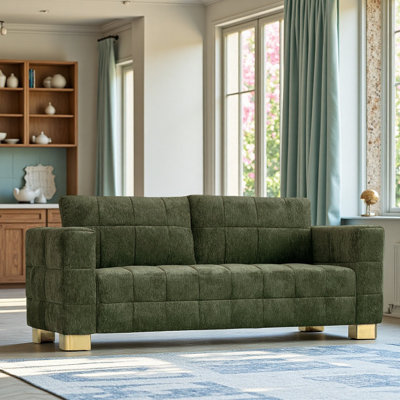 Canapé moderne en chenille, 3 places, avec un design capitonné carré et des pieds en acier inoxydable sur mesure, confortable pour les appartements et les petits espaces