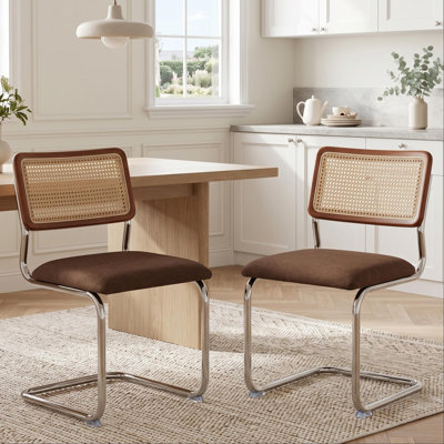 Brown Rattan Dining Chairs Set of 4,Wooden Mid-Century Modern Kitchen Chairs, Mesh Back Cane Dining Room Chairs, Cesca Chair with Metal Chrome Legs