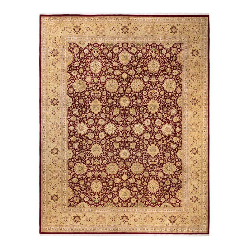 Tapis rouge / beige / vert en laine noué à la main de conception unique 10 pi 3 po x 13 pi 3 po Trenea Mogul