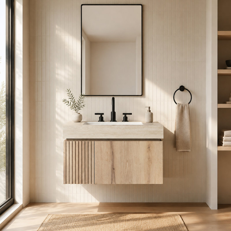 Meuble-lavabo suspendu de 76 cm (30 po) en contreplaqué cannelé avec lavabo, comptoir en pierre frittée et lavabo en céramique