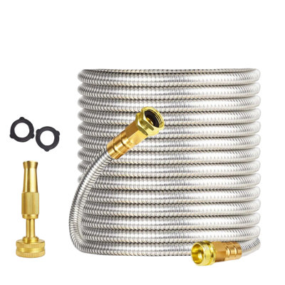 Tuyau de jardin en acier inoxydable de 25 pi / 50 pi / 75 pi / 100 pi, boyau d'arrosage robuste avec buse en laiton réglable et résistant aux fuites sans pli pour l'arrosage des pelouses, des cours, des véhicules récréatifs et des autos