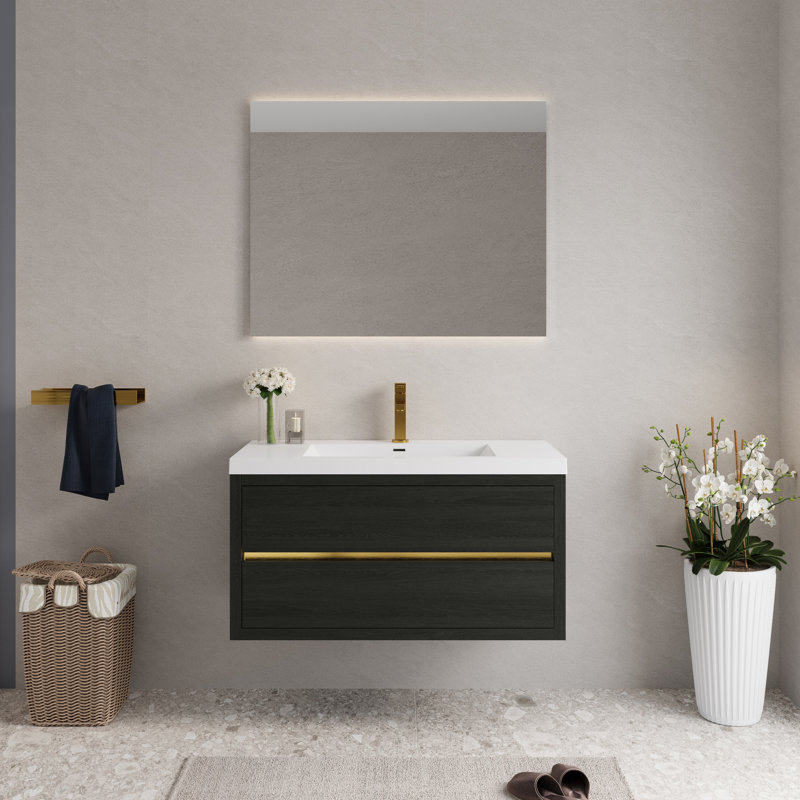 Meuble-lavabo de 42 po avec lavabo et rangement flottant, comptoir en résine de pierre, tiroirs à fermeture en douceur, bois, pré-assemblé, dommages et performance durable