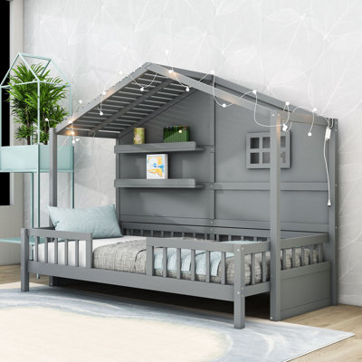 Twin Wooden House Bed With Light Strip And Built-In Shelves