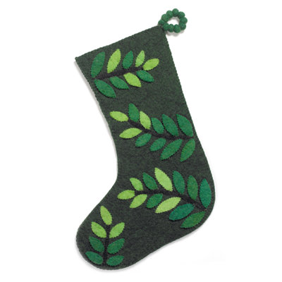 Hand Felted Wool Christmas Stocking - Leaves on Green
