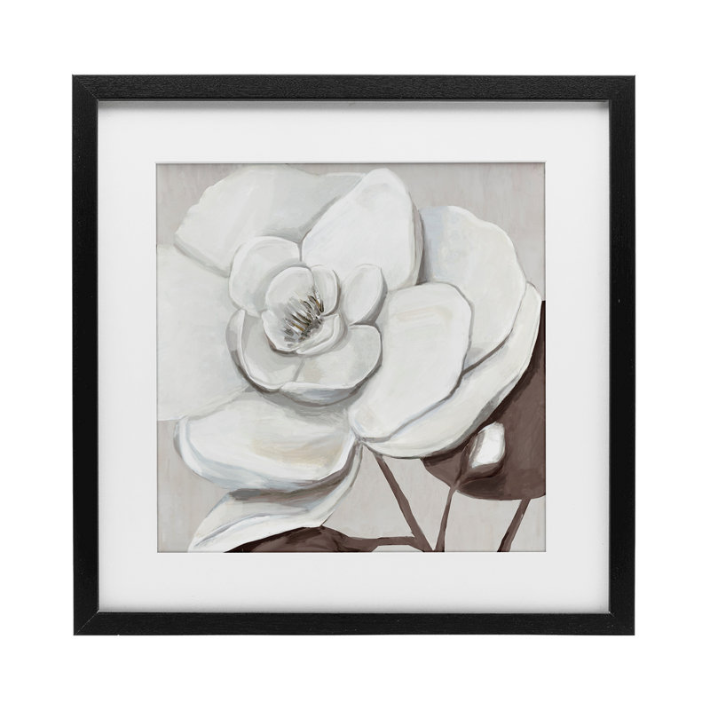 Elegant White Blooms, reproduction encadrée sous verre, design par Hannah Dawson, H 13 po x l 13 po, Cadre noir minuit