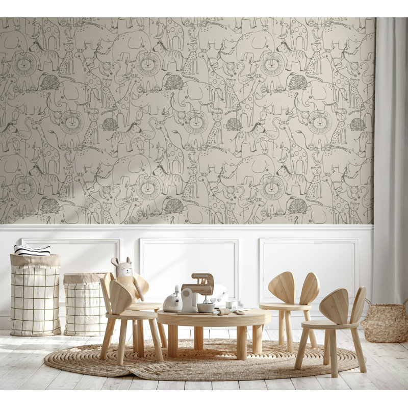 Papier peint beige avec croquis d'animaux Safari, L 100 po x l 150 po