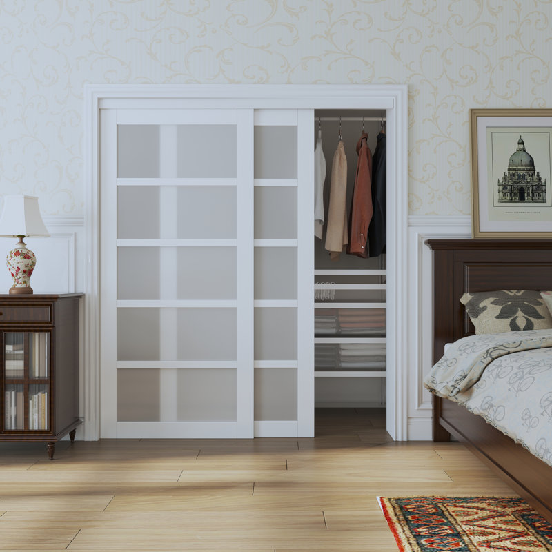 Porte coulissante en verre trempé blanc givré 5 Lite avec quincaillerie (aucun assemblage requis), 72 po x 80 po