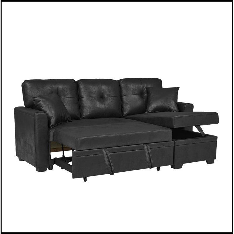 Canapé modulaire en L avec lit escamotable et méridienne de rangement, Noir