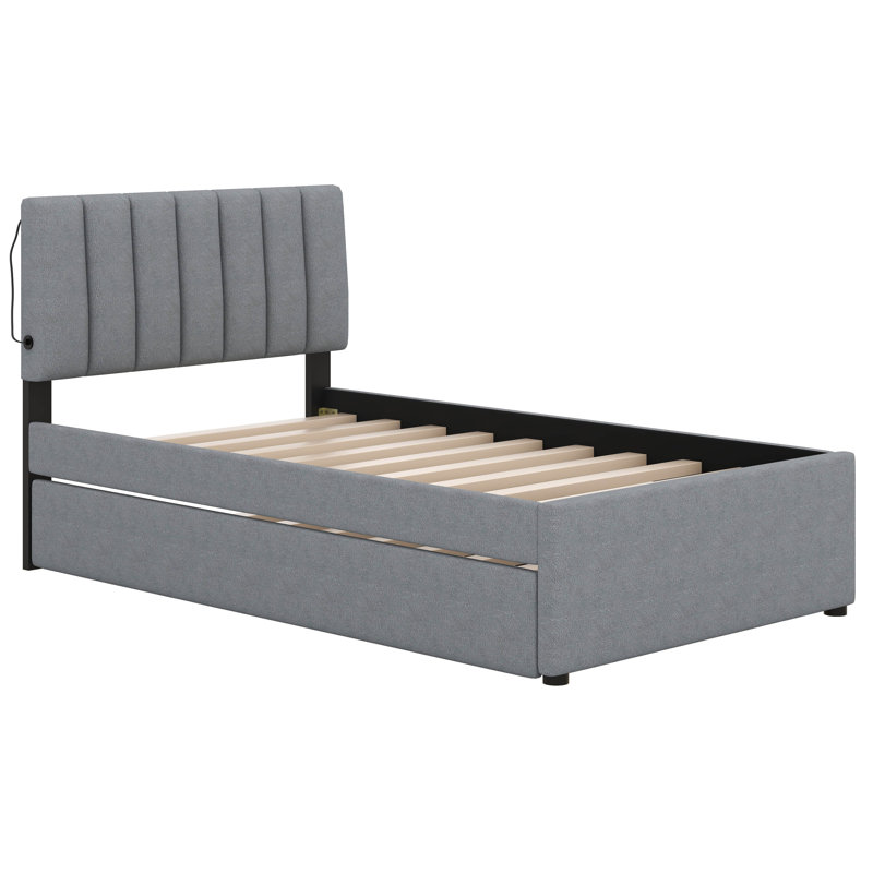 Lit plateforme tapissier simple avec lit gigogne Teddy, Gris