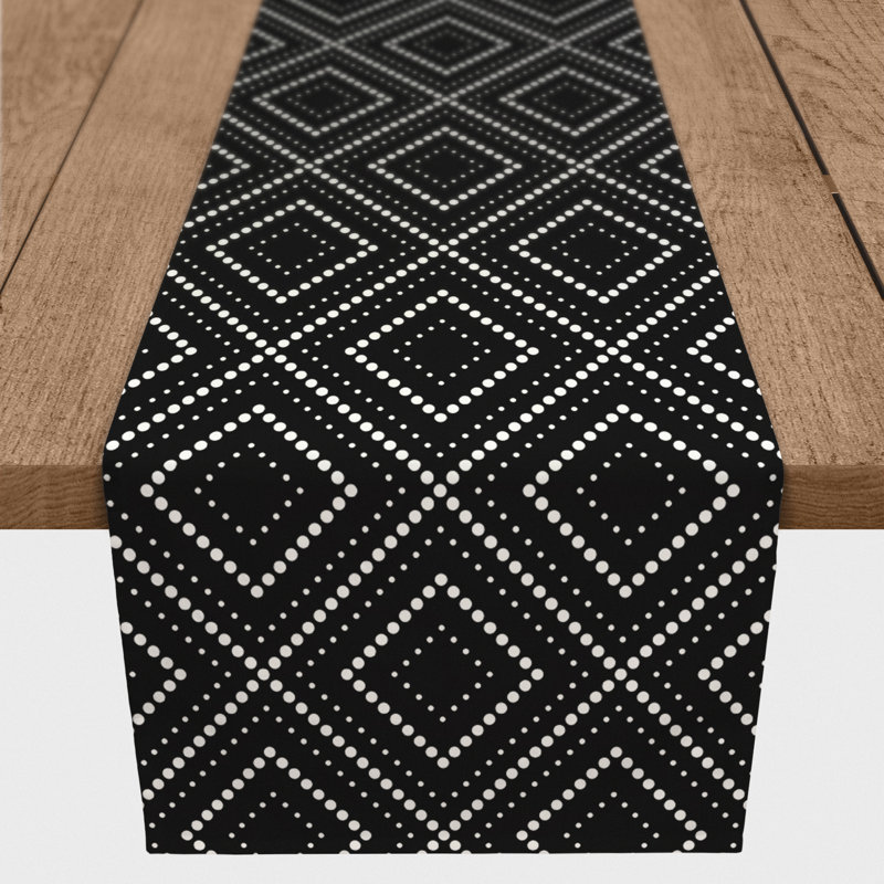 Bredyn Rectangle Geometric Polyester Table Runner, Black, 16" D x 72" L