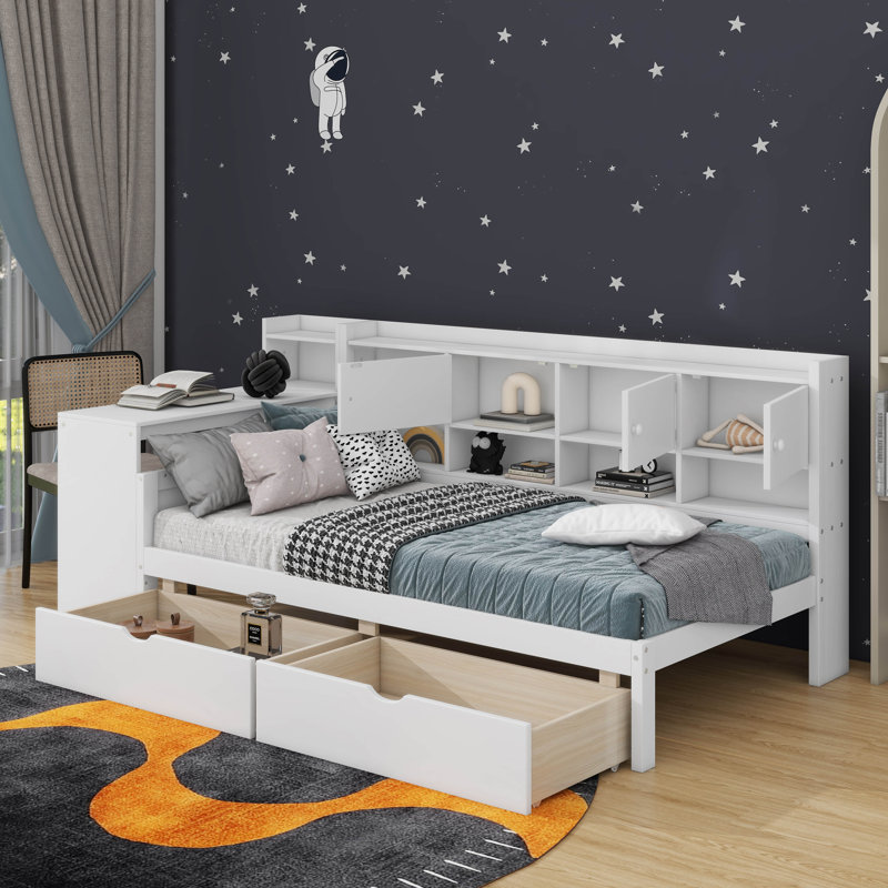 Twin Size Wooden L-Shape Daybed With Cabinets And Two Storage Drawers, Multi-Functional Bed With Study Desk And Built-In Bookshelf